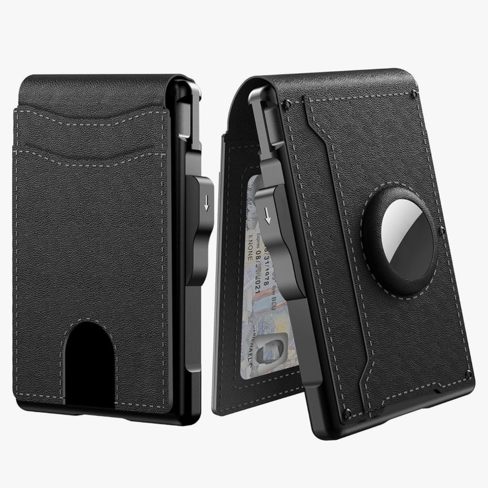 Black Leather Men’s Smart Wallet with Aluminum Card Holder & Smart Tag Holder